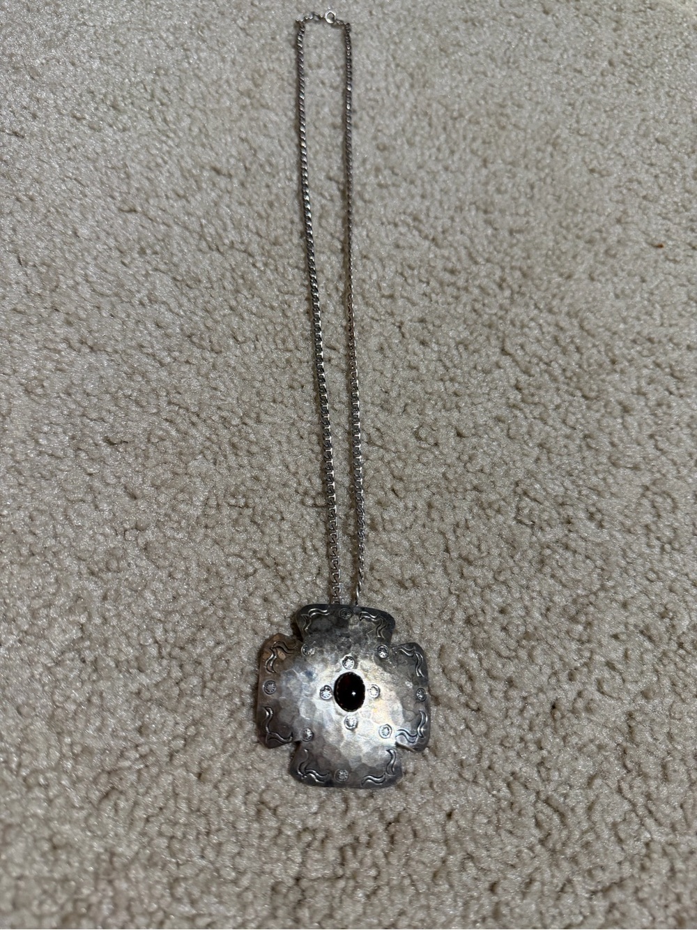 Native American Sterling Silver chain and pendant with deep red stone